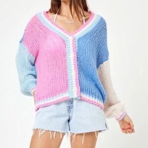 LSPACE x JVS Blue Pink White Colorblock Wool Blend Lido Oversized Cardigan M/L